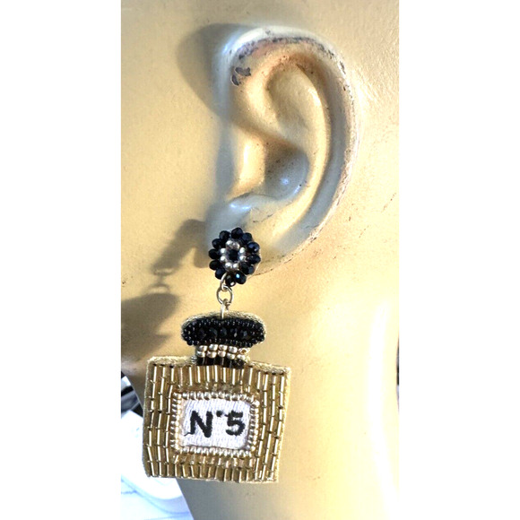 Beaded N5 Gold & Black Post Earrings Sexy 2.75" Drop Holiday Gifts Christmas - Picture 1 of 4